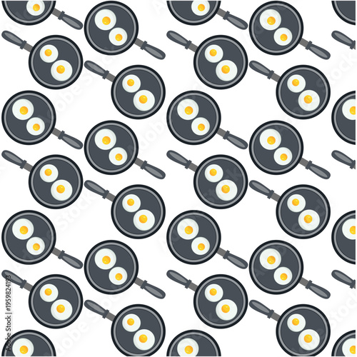 Fried eggs in frying pan seamless pattern for breakfast and kitchen design