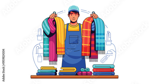 Laundry Business Owner: A focused laundry business owner expertly displays an array of clean, vibrantly colored scarves, showcasing dedication to his craft.