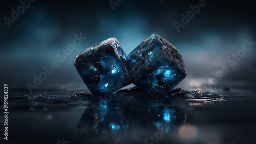 Zwei verwitterte, blau leuchtende Würfel