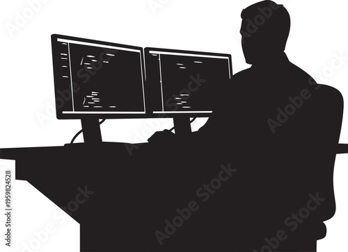 Software Developer Coding Programmer Workspace Dual Monitor Programming Technology Coding Script Development IT Engineer Computer Office Vector Illustration.