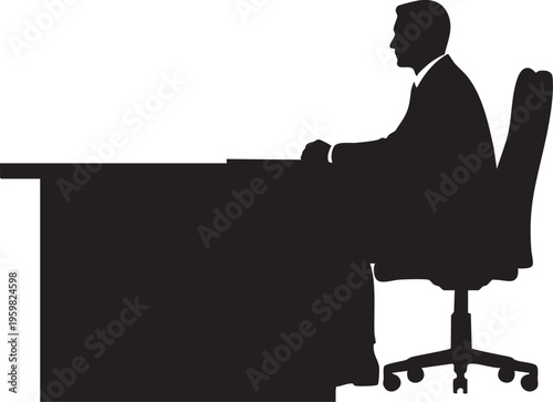 A black vector illustration shows the silhouette of a businessman in a suit and hat sitting on a chair while playing the piano