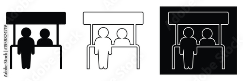 Three people standing under awning or canopy vector icons in black and white