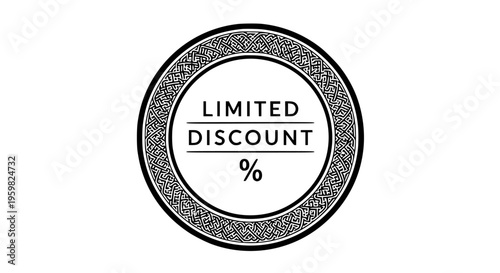 Limited discount badge with an elegant decorative circular knot pattern border, symbolizing special commercial offer, isolated on a clean white background, perfect for marketing promotions and sales .