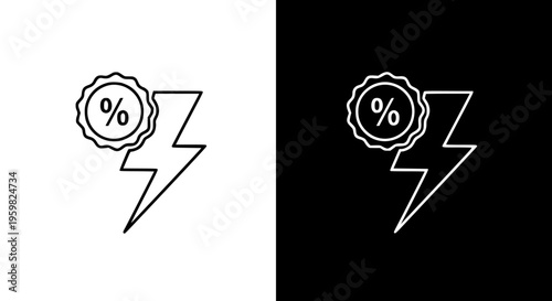 Line icon design of a percentage discount badge combined with a powerful lightning bolt symbol illustrating fast sales promotion or energy saving concepts.