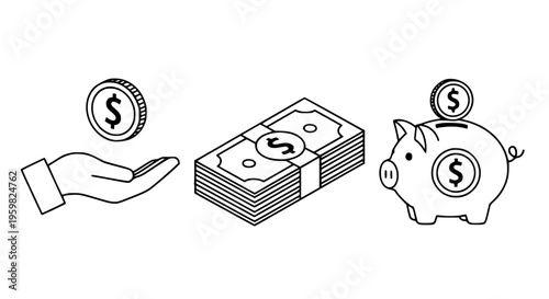 Money financial concepts illustration featuring an iconic piggy bank, a substantial stack of cash banknotes, and a hand holding a dollar coin in a clean outline style.