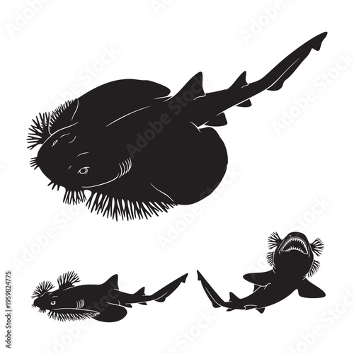 Wobbegong Shark Three Pose Flat Camouflage Silhouette Vector Set