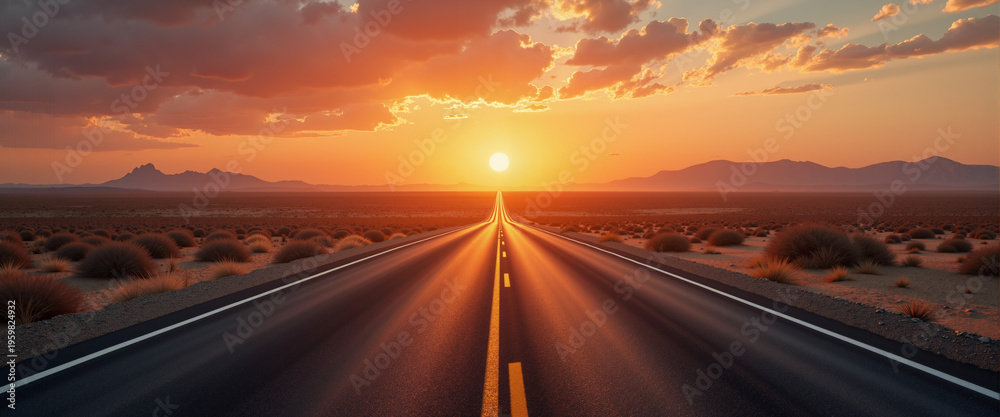Obraz premium Open highway stretching into the sunset with dramatic clouds 