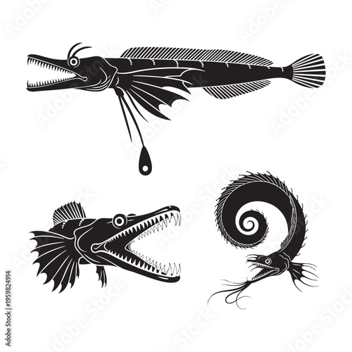 Dragonfish Three Pose Deep Sea Fang Silhouette Vector Collection