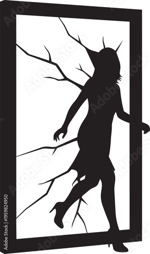 Woman Escaping Frame Surreal Concept Fear Anxiety Mental Struggle Breaking Boundaries Horror Fantasy Silhouette Illustration Vector Design Conceptual Art.
