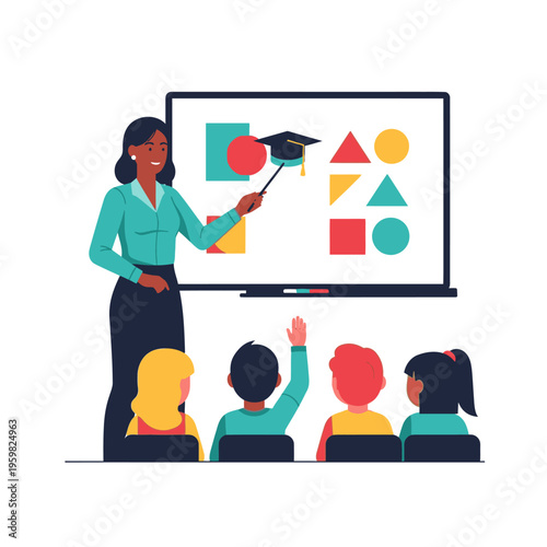 Diverse teacher instructing young students on shapes and colors at a whiteboard in a classroom setting