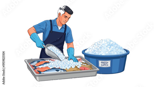 Fresh Fish with Ice: A seafood worker meticulously arranges fresh, glistening fish on a bed of ice, ensuring optimal preservation and freshness, in a clean, brightly lit environment.