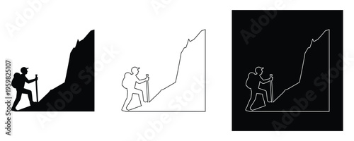 Hiker climbing mountain with trekking poles silhouette and outline