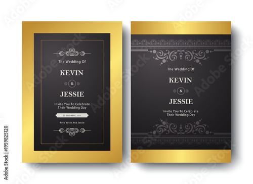 Luxury black gold wedding invitation card with elegant ornament