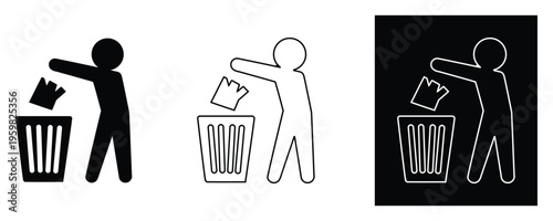 Stick figures throwing paper in trash can in different colors and backgrounds