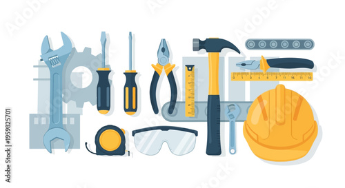 Essential Construction and DIY Hand Tools Set with Safety Equipment. Flat Vector Illustration for Building, Repair, and Home Improvement.