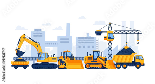 Heavy Construction Machinery Operations: Excavator, Bulldozer, Crane & Dump Truck Working on an Industrial Building Site Flat Vector