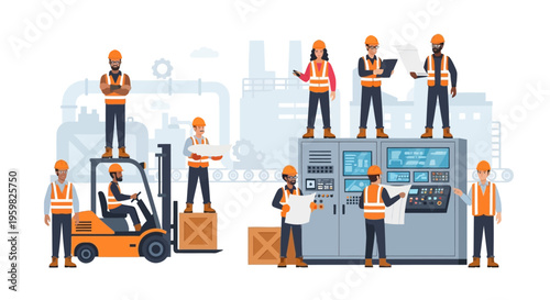 Diverse Industrial Workers Team in Factory: Engineers, Operators, Supervisors Collaborating on Production & Logistics