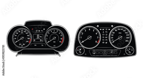 Detailed car dashboard instrument panel design in black silhouette