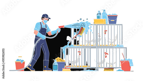 Essential Sanitation: A dedicated individual meticulously sanitizes a multi-tiered structure, employing a high-pressure hose and scrubbing brush, ensuring a pristine environment.