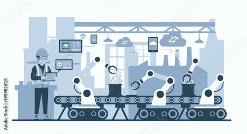 Male engineer working on laptop, monitoring smart factory production line with robotic arms and conveyor belt in a modern industrial setting