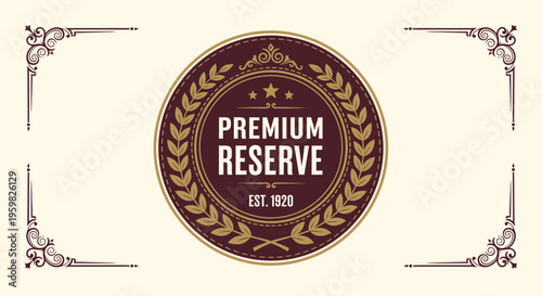 Vintage Premium Reserve emblem with laurel wreath and elegant flourishes on a light background