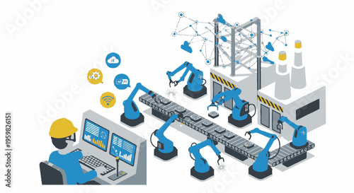 Isometric Engineer Monitoring Automated Factory Production Line with Robotic Arms and Data Flow in Bright Studio