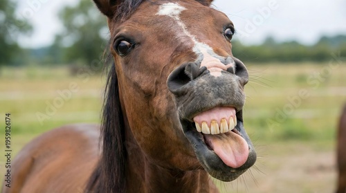 A close-up, humorous shot of a brown horse with its mouth wide open and tongue sticking out, appearing to laugh or make a funny face.