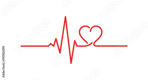Red ECG Heartbeat Line with Stylized Heart Shape on Isolated White Background