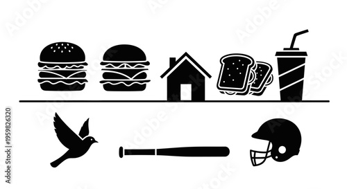 Diverse Black Silhouette Icon Set Featuring Food, Home, Bird, and Sports Equipment on Isolated White Background