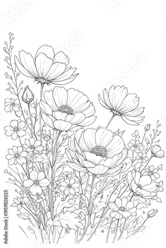 Delicate Wildflower Bouquet Line Art Botanical Illustration