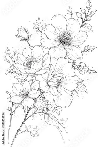 Soft Floral Bouquet Line Art Botanical Sketch Illustration