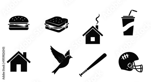 Collection of Black Silhouette Icons Including Food, Houses, Animal, and Sports Equipment on Isolated White Background