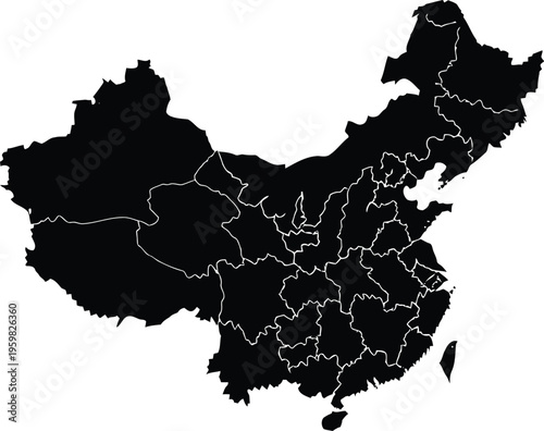 Black silhouette map of china with white dashed province borders on a white background