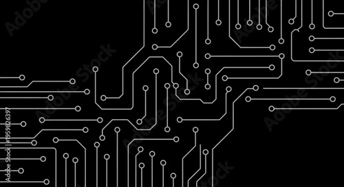 White Circuit Board Pattern Lines on Black Background Representing Technology and Electronics Network