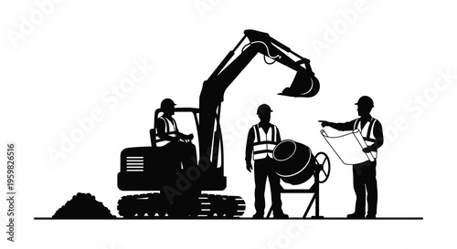 Construction workers operating machinery and reviewing plans a striking silhouette