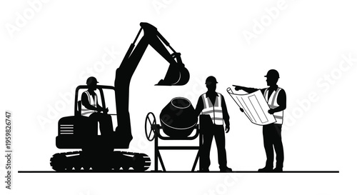Construction workers operating machinery and reviewing plans a striking silhouette