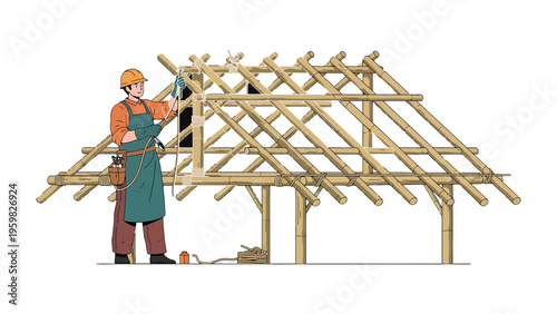 Construction Craftsman at Work: A skilled craftsman meticulously constructs a timber frame roof, embodying precision and expertise in the realm of building. 