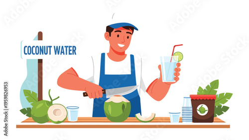 Refreshing Coconut Water Vendor: A cheerful vendor expertly prepares fresh coconut water, embodying tropical refreshment and delight.