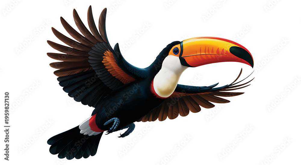 Fototapeta premium Flying toucan bird illustration with colorful orange beak and black feathers on transparent ground