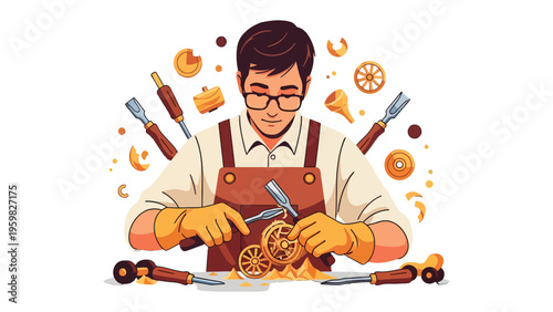 Craftsmanship Unveiled: A focused artisan meticulously crafts with passion, surrounded by tools and works, turning raw materials into elegant art. 