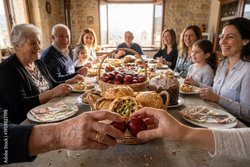 Family members  different generations enjoying  traditional easter dinner, bonding and engaging in the custom of cracking red easter eggs. Cyprus cypriot traditional house gathering. AI Generated