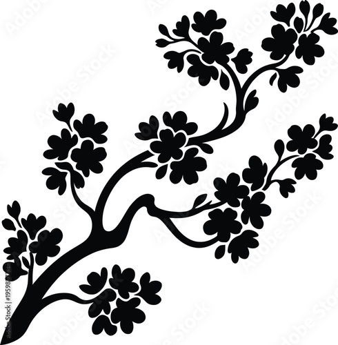 Graceful black silhouette of cherry blossom branch with breathtaking blooming flowers, flawless for spring nature and.