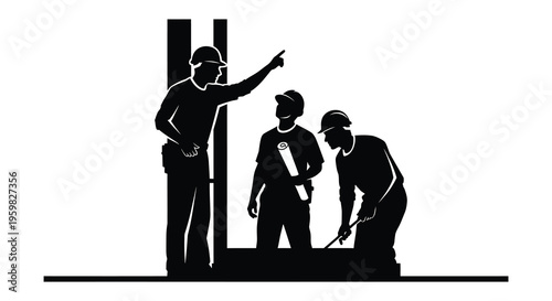 Construction workers discussing plans on a job site silhouette