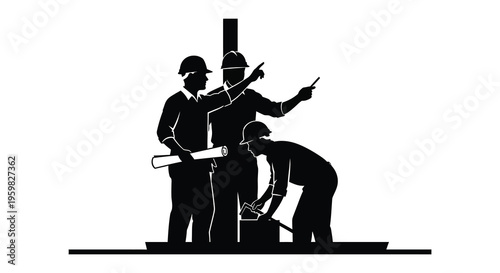 Construction workers discussing blueprints a striking black silhouette