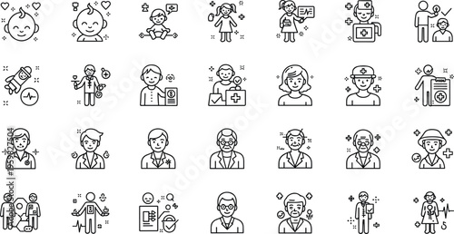 Healthcare and Medical Professionals Icons Set Featuring Doctors, Nurses, Medical Care, and Family Healthcare Symbols