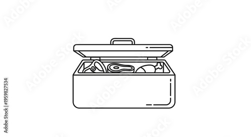 Open Cooler Box Filled with Raw Meat and Poultry for Picnic or Camping