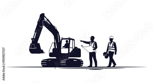 Construction workers and excavator machine depicted in a dark silhouette