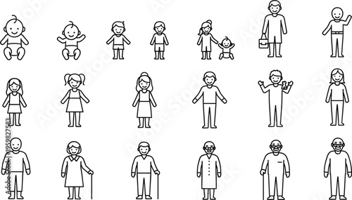 Human Life Cycle and People Icons Set Featuring Baby, Child, Adult, and Elderly Symbols