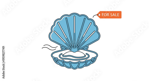 Open Seashell with Pearl and "For Sale" Tag - Seafood, Ocean Treasure, Business Concept