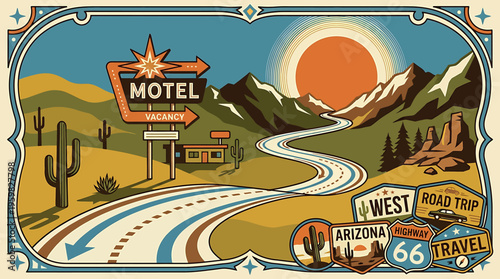 Vintage american motel sign with road leading to sunset isolated on transparent background